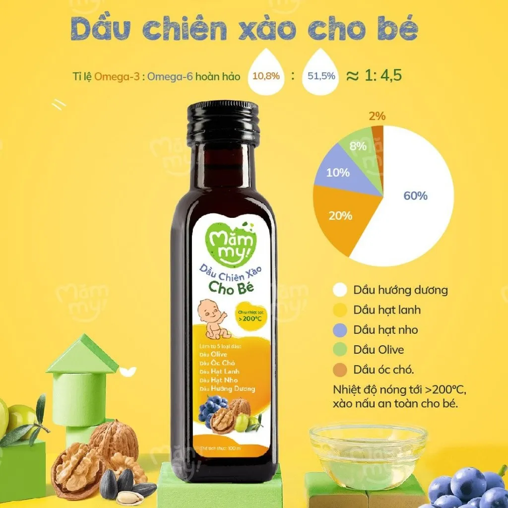 Ảnh Dầu chiên xào cho bé Mămmy 100ml chịu nhiệt tới 200 độ C, giữ trọn vẹn dinh dưỡng, bổ sung Omega-3, Vitamin E 1
