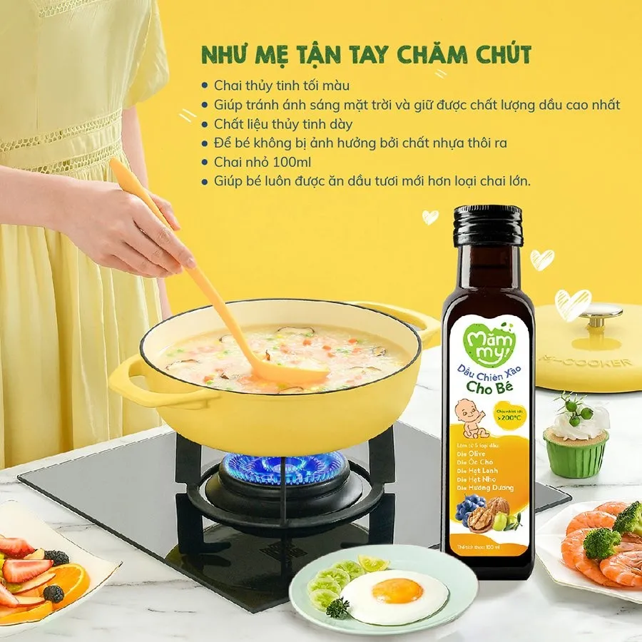 Ảnh Dầu chiên xào cho bé Mămmy 100ml chịu nhiệt tới 200 độ C, giữ trọn vẹn dinh dưỡng, bổ sung Omega-3, Vitamin E 3