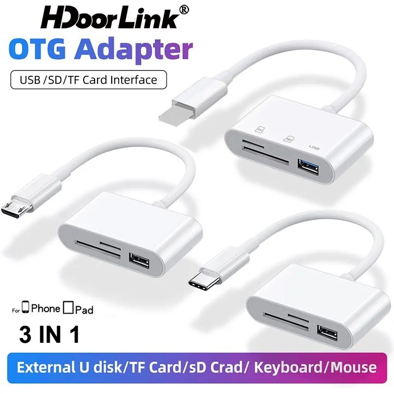 Ảnh Đầu đọc thẻ nhớ HDOORLINK SD/TF/USB 3 trong 1 có cáp Type-C/Micro USB/iPhone sang SD cao cấp thích hợp cho iPad HUAWEI 2