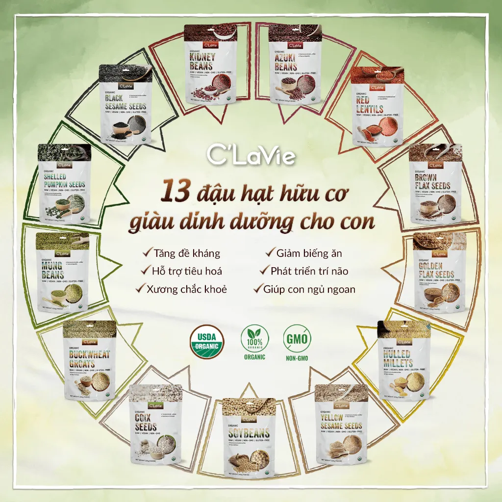 Ảnh Đậu hạt hữu cơ cho bé ăn dặm C'LaVie 200g: Đậu đỏ, Đậu xanh, Đậu nành, Đậu lăng đỏ, Hạt lanh, Hạt mè, Hạt bí, Hạt kê 1