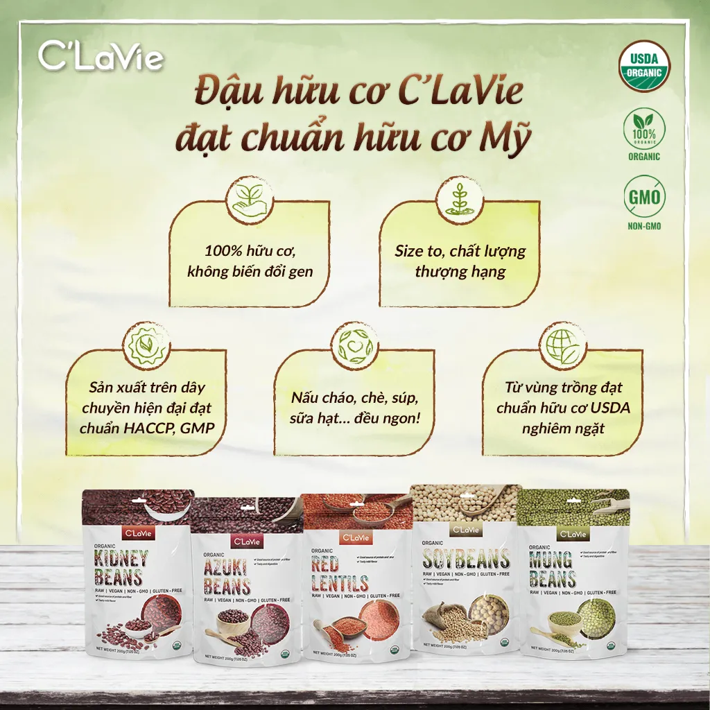Ảnh Đậu hạt hữu cơ cho bé ăn dặm C'LaVie 200g: Đậu đỏ, Đậu xanh, Đậu nành, Đậu lăng đỏ, Hạt lanh, Hạt mè, Hạt bí, Hạt kê 2