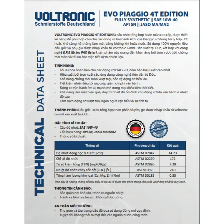 Ảnh Dầu Nhớt Xe Tay Ga Voltronic EVO PIAGGIO 4T EDITION SAE 10W40 1.2L 1