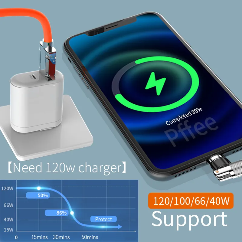Ảnh Dây Cáp 3 Trong 1 Pffee 540° 120W 6A USB C 540°Cáp SạC Nhanh LoạI C 66-120W Chuyên DụNg 3