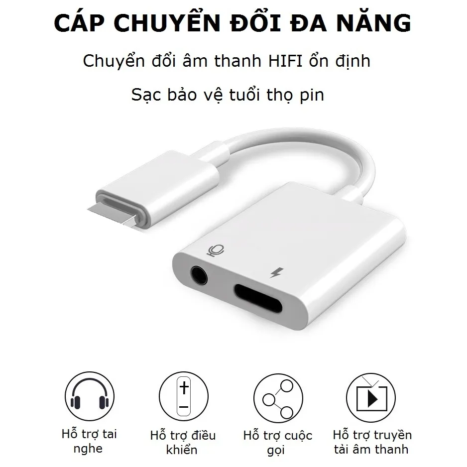 Ảnh Dây cáp chuyển đổi tai nghe cổng giắc 3.5mm sang chân cắm Iight kèm cổng sạc an toàn-Gutek A3 2