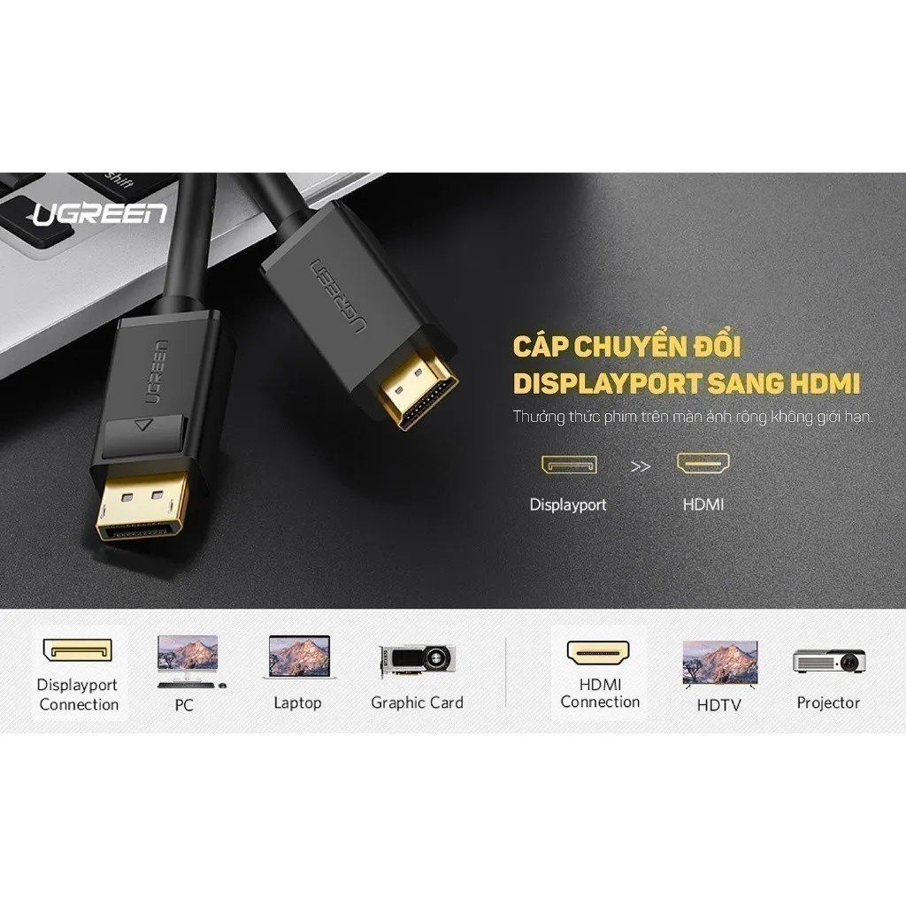 Ảnh Dây cáp DisplayPort sang HDMI UGREEN DP101 | Hỗ trợ phân giải 1920x1200 | Hình ảnh và âm thanh sắc nét |  Bảo hành 18 th 1