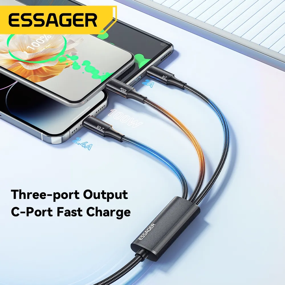 Ảnh Dây cáp sạc ESSAGER 3 trong 1 Micro USB Type C IOS fsat cho Huawei Samsung 7A 100W 1