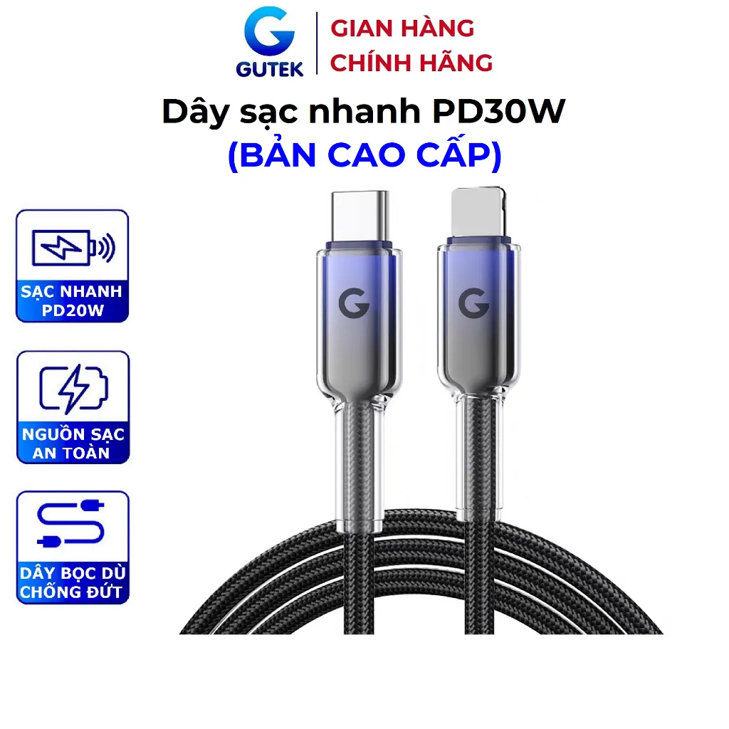 Ảnh Dây cáp sạc nhanh 30W dây sạc bọc dù chống đứt cho điện thoại – Gutek A24 1
