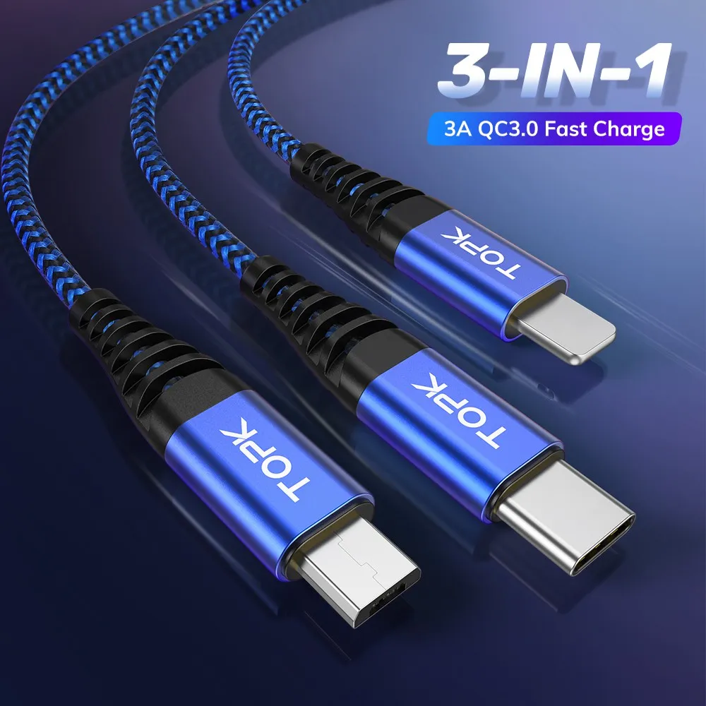 Ảnh Dây cáp sạc nhanh TOPK AN24 3 trong 1 cổng micro USB Type C 2