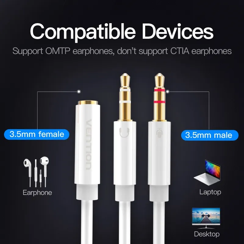 Ảnh Dây cáp Vention chia 2 cổng âm thanh 3.5mm 2 IN 1 cho Bộ chia Mic YTai nghe kết nối cáp nối dài 3