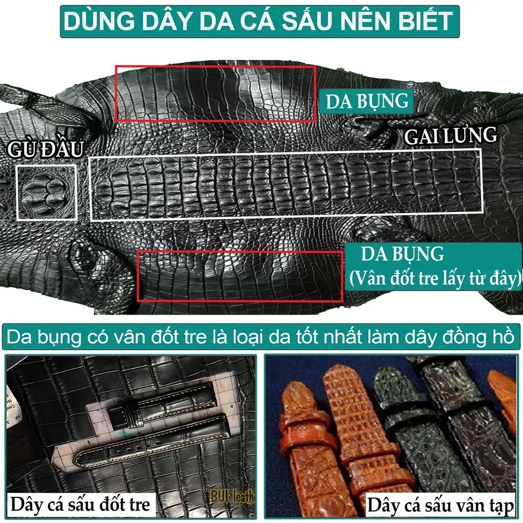 Ảnh Dây đồng hồ nam da cá sấu đốt tre khâu tay thủ công D103-Bụi Leather size 18mm, 20mm, 22mm, 24mm 3