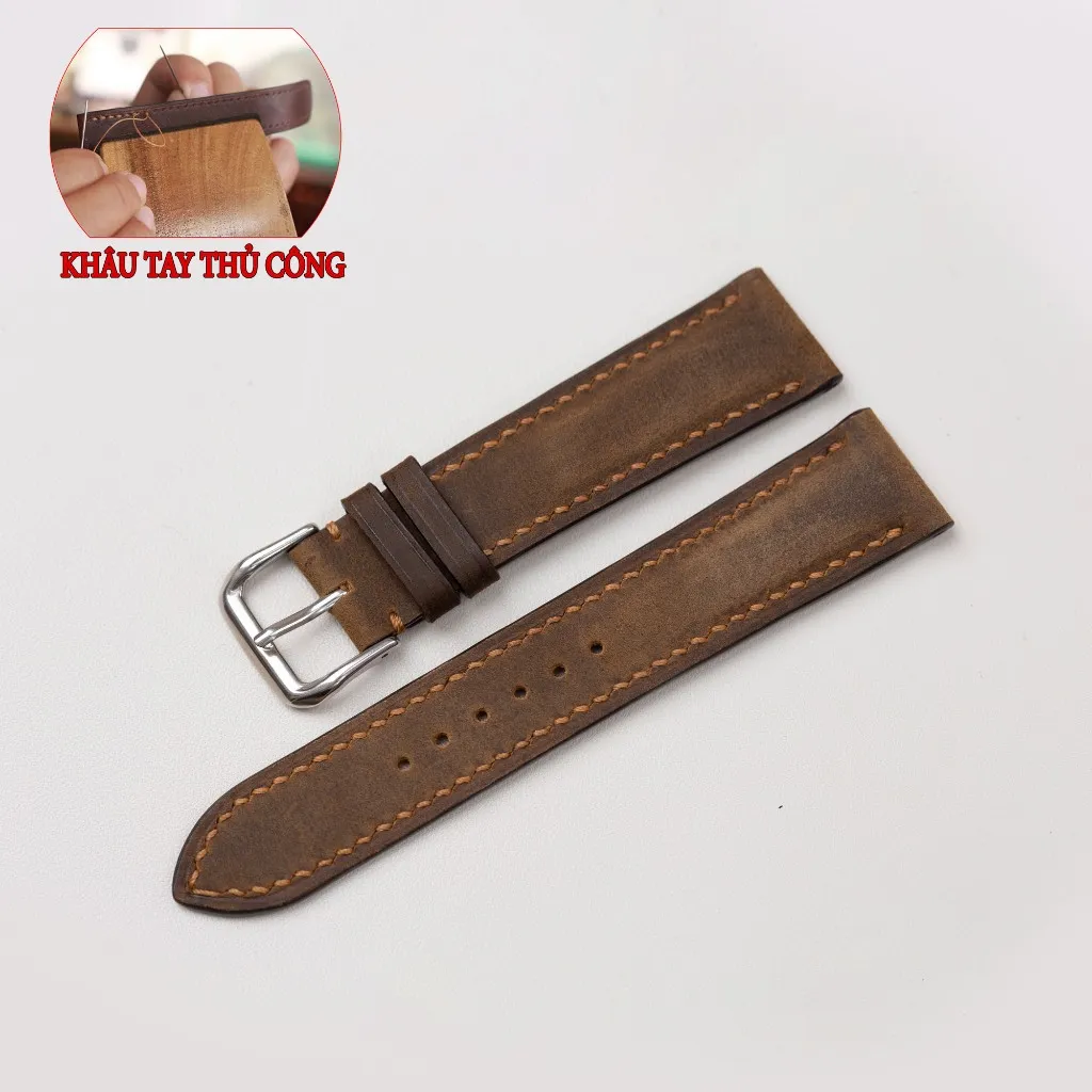 Ảnh Dây đồng hồ nam da sáp ngựa điên- khâu tay thủ công D111 size 18mm, 20mm, 22mm, 24mm-Bụi Leather 2