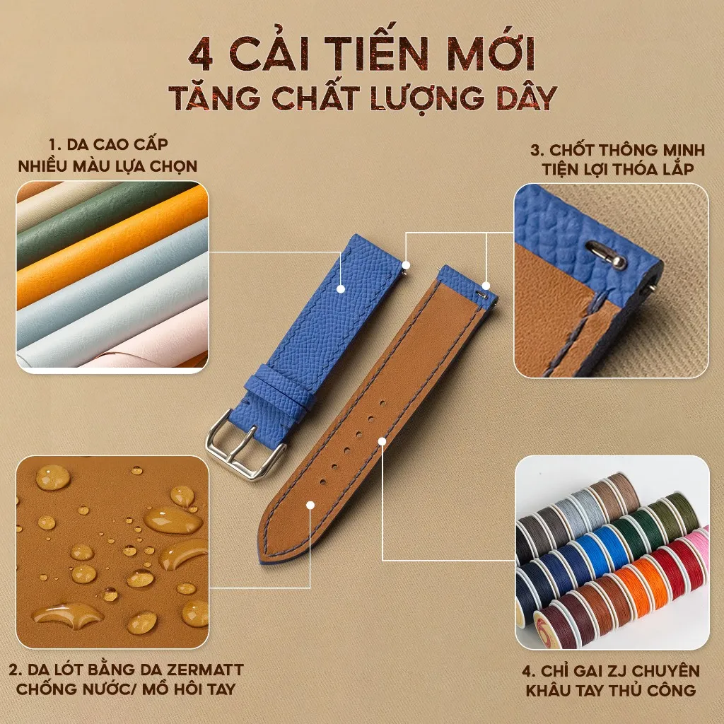 Ảnh Dây đồng hồ nữ da bò nappa- khâu tay thủ công D101B size 10mm, 12mm, 14mm, 16mm, 18mm-Bụi Leather 3