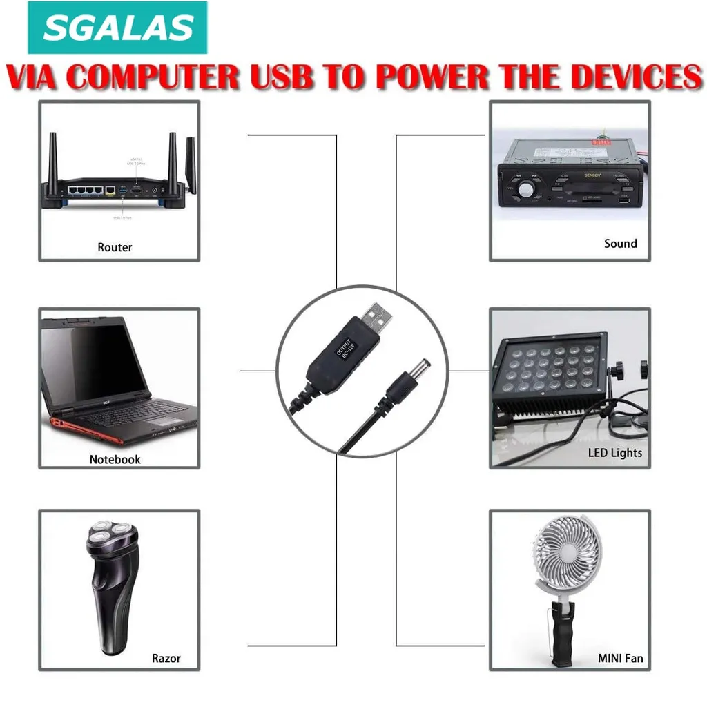 Ảnh Dây nối ắc quy SGALAS DC 5V sang DC 9V/ 12V dài 1m cổng USB 2.1x5.5mm cho Arduino Wifi 4