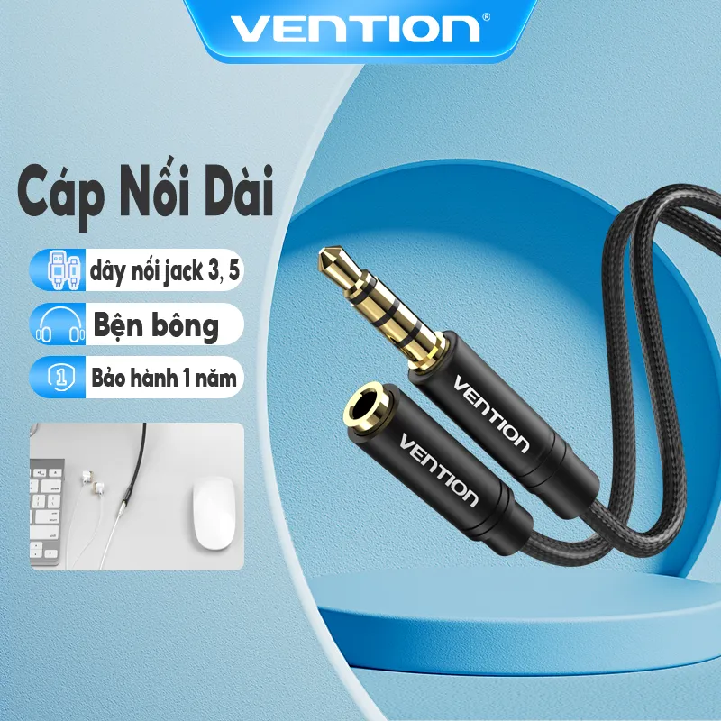 Ảnh Dây nối dài cổng 3.5mm aux Vention Đầu mạ vàng cáp dài TPE 1m 2m dùng cho Tai Nghe loa jack 3.5 mm 1