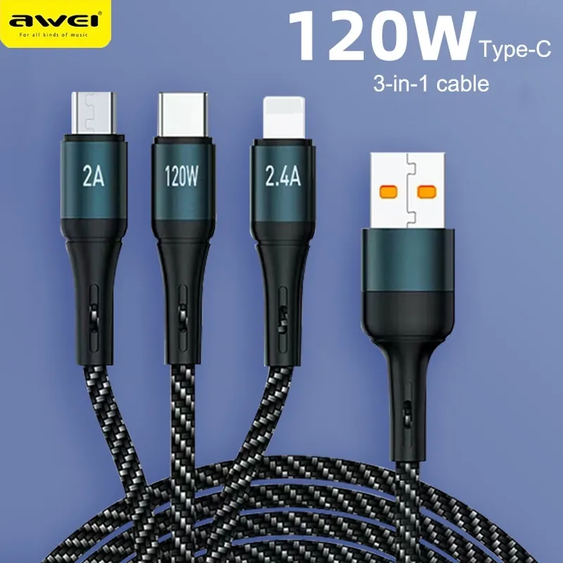 Ảnh Dây Sạc 3 đầu sạc nhanh Awei CL-971 120W Dây Sạc Đa Năng 1m dây sạc type c iP Micro 1