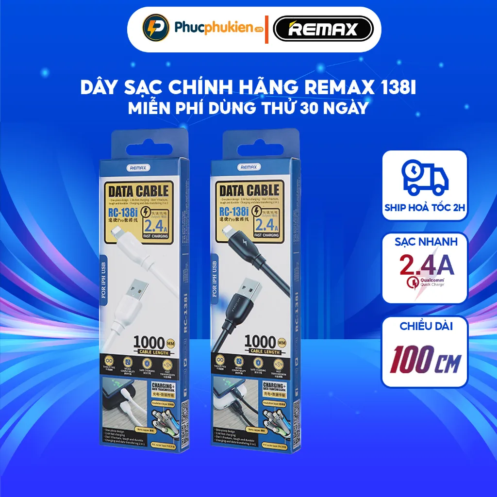 Ảnh Dây sạc chính hãng Remax 138i hỗ trợ sạc nhanh 12w cho smart phone - Phúc Phụ Kiện Bảo hành 12 tháng 1 đổi 1 1