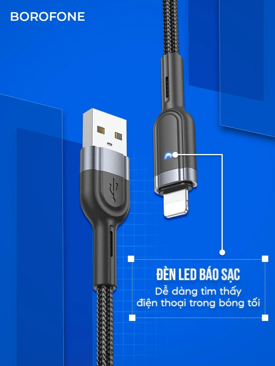 Ảnh Dây sạc IP Hoco U117 12W có đèn, tự ngắt khi đầy pin, bọc dù bền bỉ, dài 1 mét 3