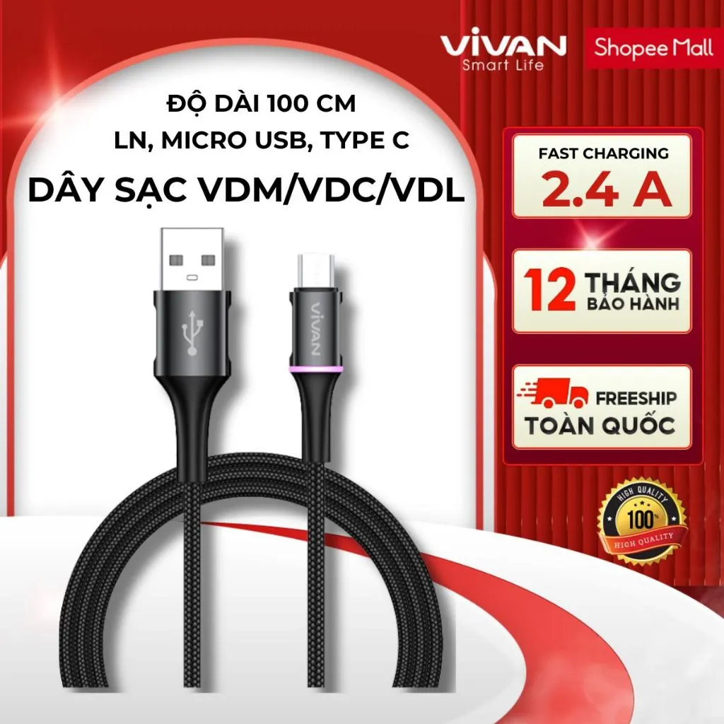 Ảnh Dây sạc MicroUSB/ TypeC/ Lin VIVAN VDM/VDC/VDL 2.4A Thân cáp bọc dù, Dài 100cm/ 120cm - Hàng Chính Hãng 1