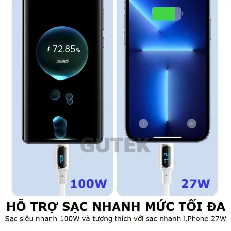 Ảnh Dây sạc nhanh 100W Type-C chính hãng có màn hình Led báo công suất cáp sạc – Gutek S520 1