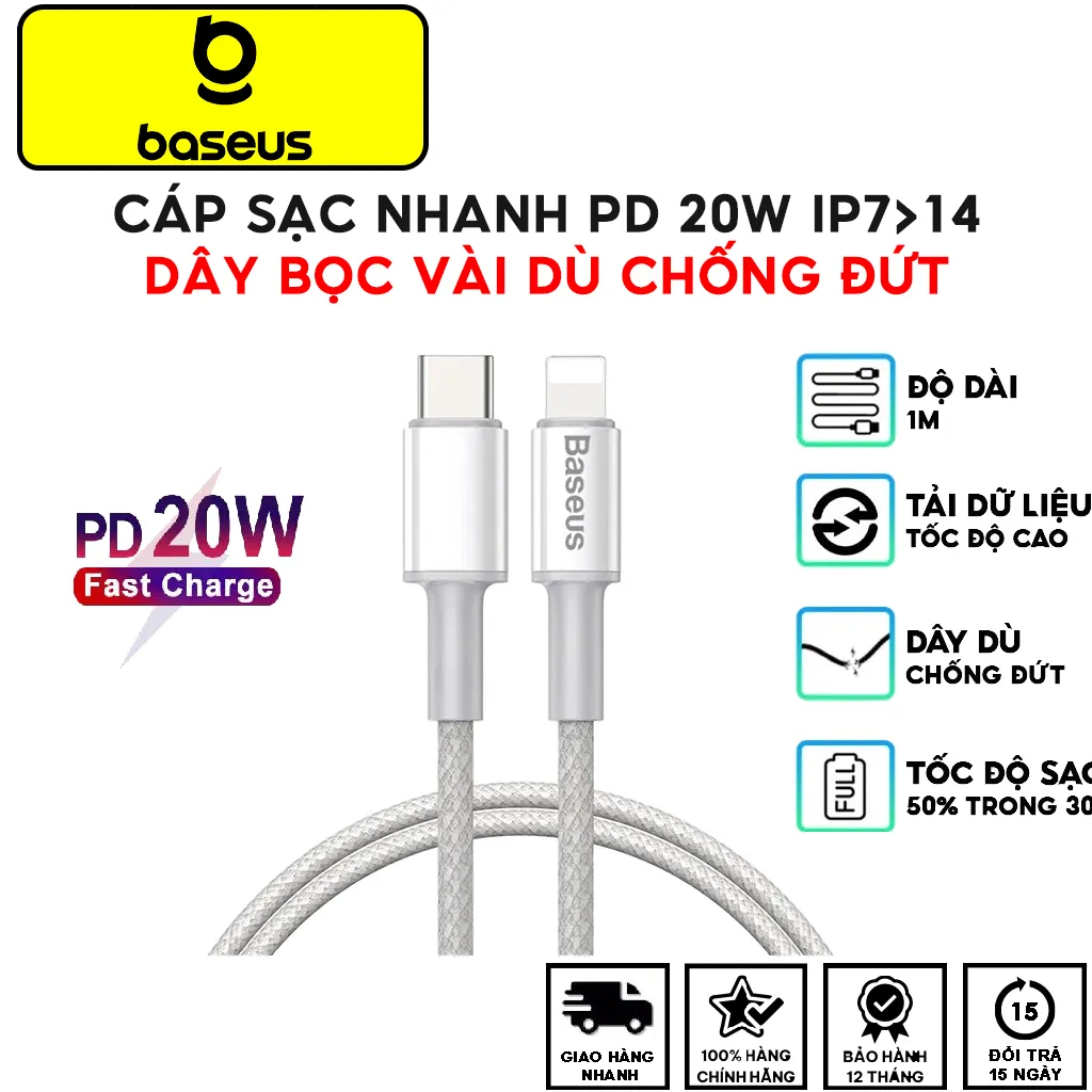 Ảnh Dây Sạc Nhanh PD 20W Chính Hãng BASEUS Dùng Cho Máy 7-8-X-11-12-13-14-Dây Bện Dù Chắc Chắn 1