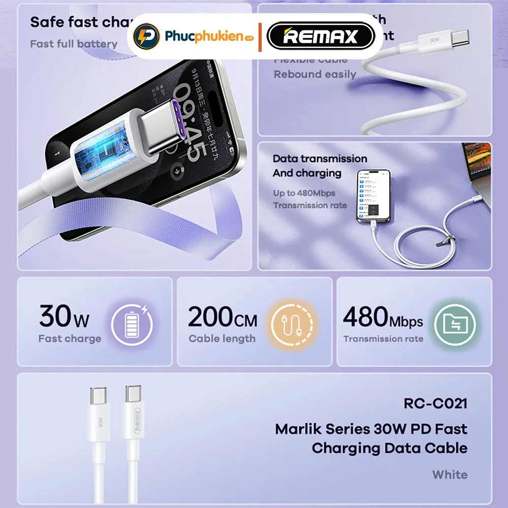 Ảnh Dây sạc type c to type c Remax C021 dài 2m sạc nhanh 30w chuẩn PD cho 15 16 series - Phúc Phụ Kiện 2