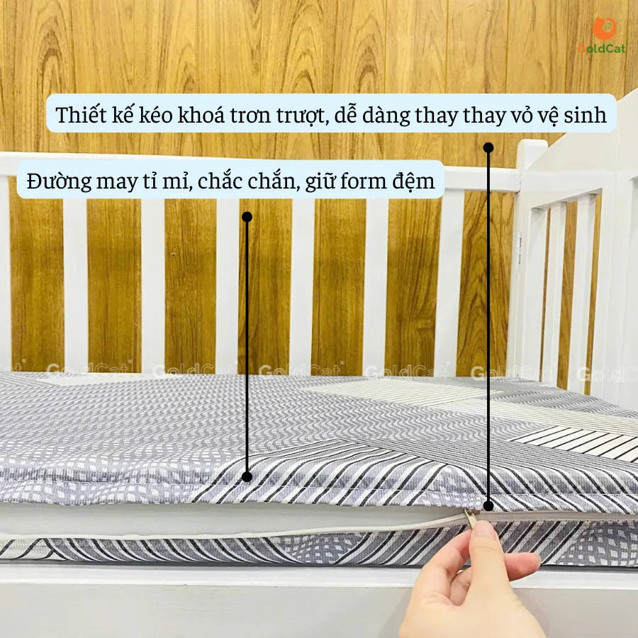 Ảnh Đệm Bông Ép GOLDCAT Kèm Áo Ghi Thiết Kế Kéo Khoá, Đệm Dày Tiêu Chuẩn 5CM, Đa Dạng Kích Thước Cho Cũi 4
