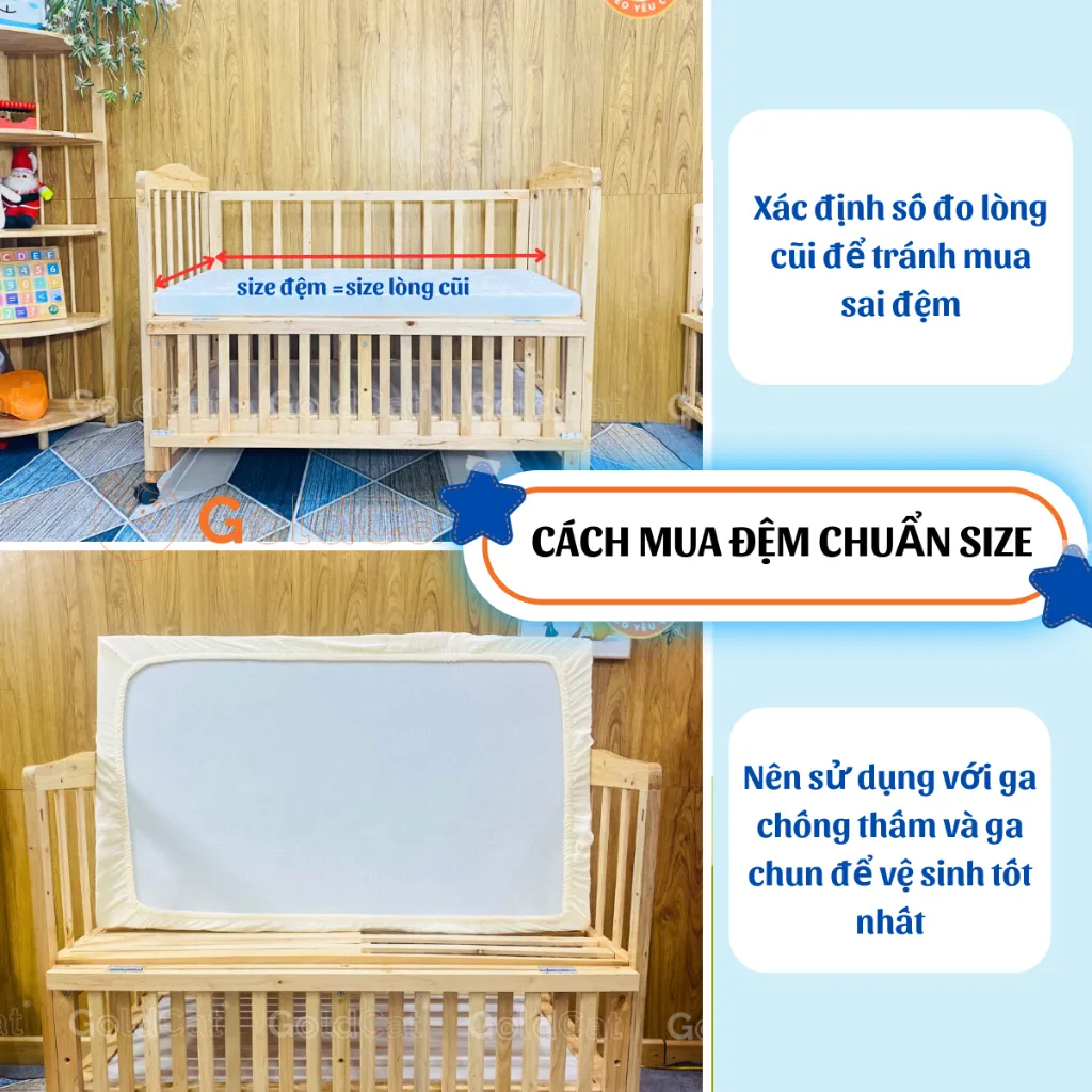 Ảnh Đệm Cũi Cho Bé GOLDCAT Cắt May Theo Yêu Cầu, Chất Liệu Bông Ép, Độ Dày Tiêu Chuẩn 5cm, Thoáng Khí, Đàn Hồi Tốt 2