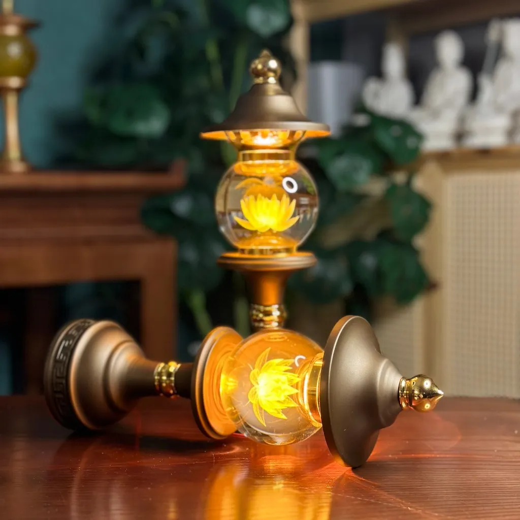 Ảnh Đèn Thờ Hoa Sen Pha Lê Hình Cầu, Thân Hợp Kim Nâu, Đèn Thờ LED - Tuệ Nga 2