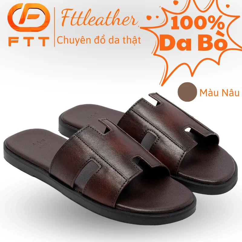 Ảnh Dép da bò nam chữ H FTT Leather quai ngang màu nâu dáng trơn đế cao cấp bền, nhẹ, độ bám tốt D10541 1