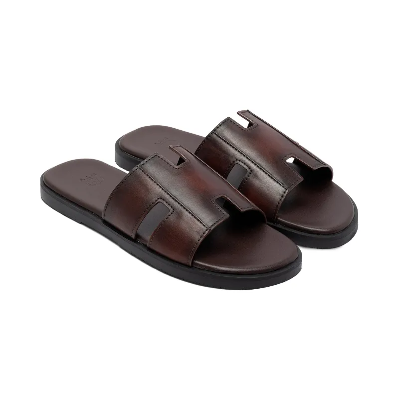 Ảnh Dép da bò nam chữ H FTT Leather quai ngang màu nâu dáng trơn đế cao cấp bền, nhẹ, độ bám tốt D10541 2