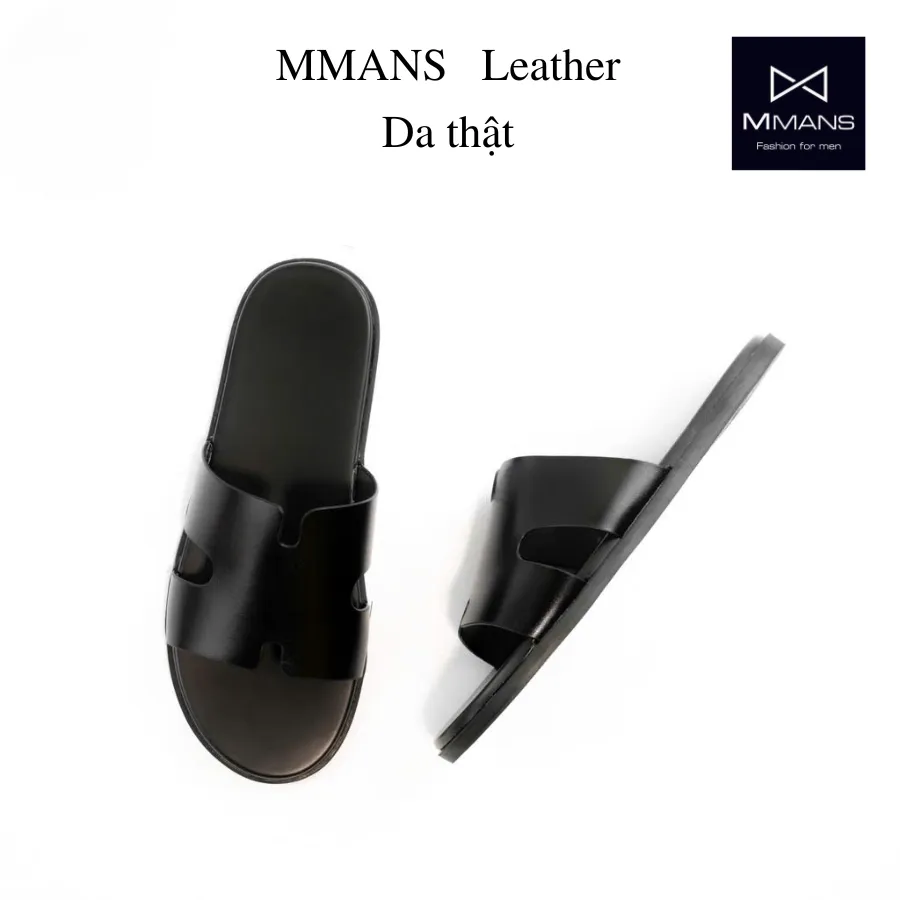 Ảnh Dép da nam quai ngang chữ H thương hiệu MMANS màu đen da tấm đế 2 lớp cao cấp tinh tế đơn giản 2