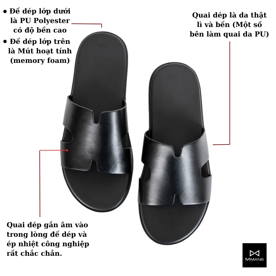 Ảnh Dép da nam quai ngang chữ H thương hiệu MMANS màu đen da tấm đế 2 lớp cao cấp tinh tế đơn giản 3