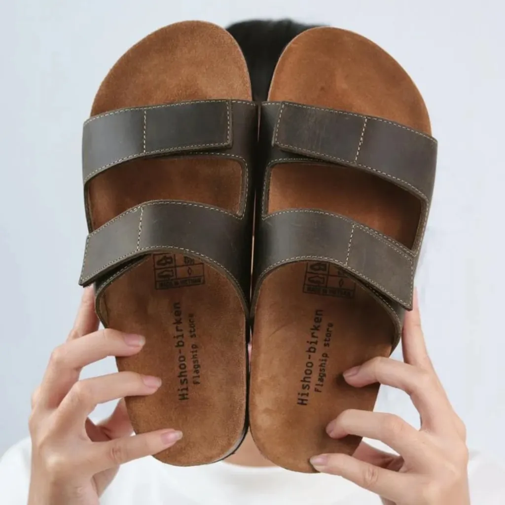 Ảnh Dép đế trấu birken nam nữ unisex quai ngang đi học công xở xé dán da Bò bigsize chính hãng Hishoo VNXK  M105 3