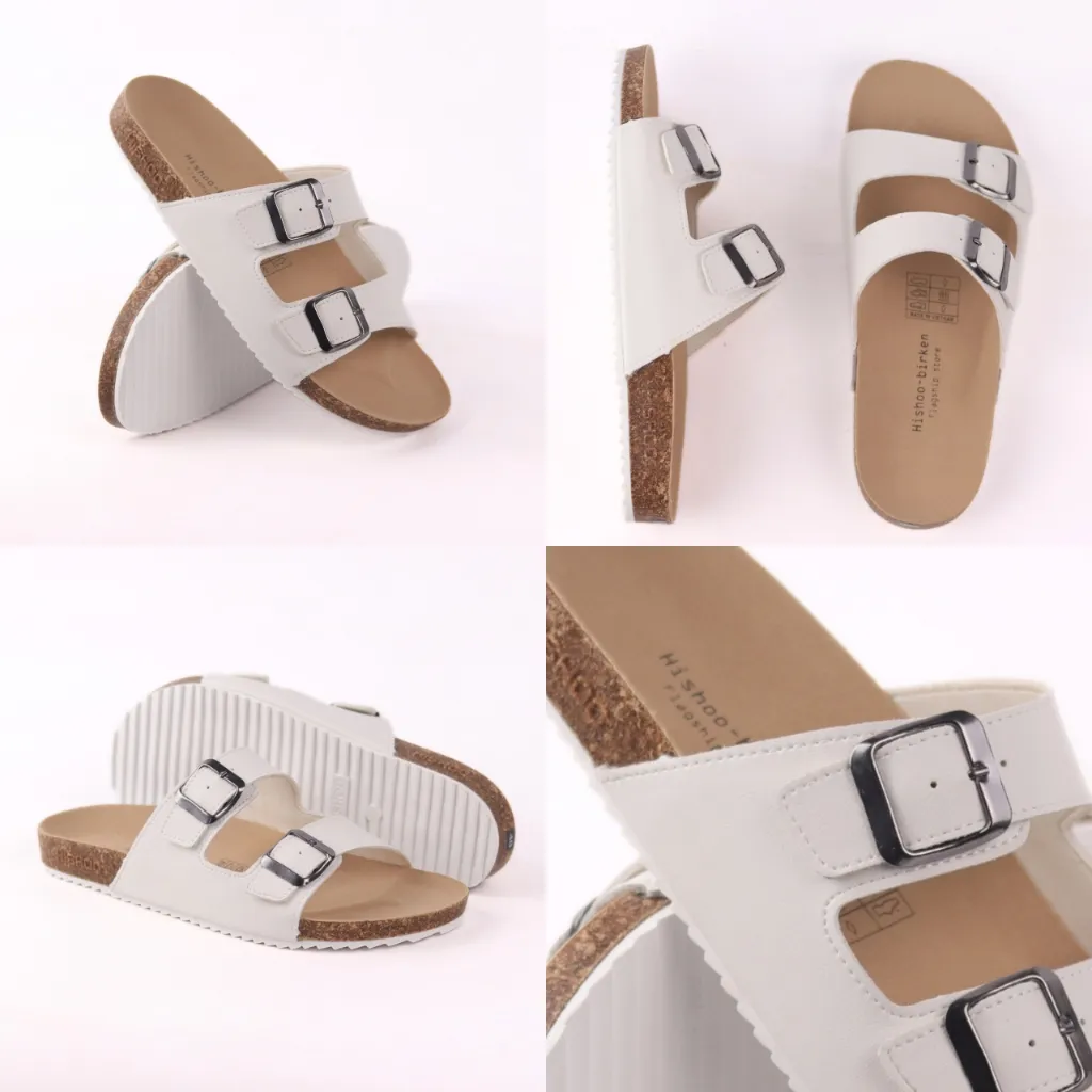 Ảnh Dép đế trấu birken unisex da bò nam nữ MẶT ĐEN 2 khóa quai ngang size 37 - 45 chính hãng Hishoo M093 3