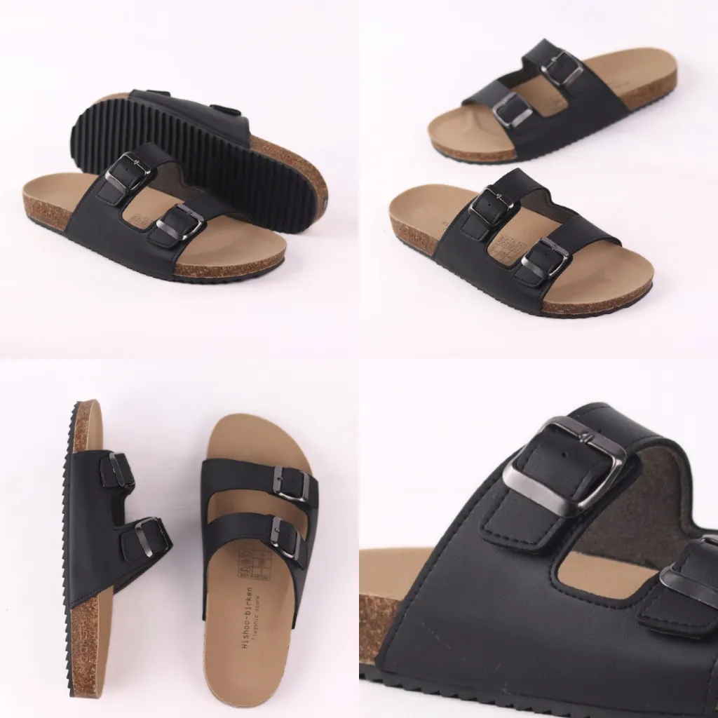 Ảnh Dép đế trấu birken unisex da bò nam nữ MẶT ĐEN 2 khóa quai ngang size 37 - 45 chính hãng Hishoo M093 4