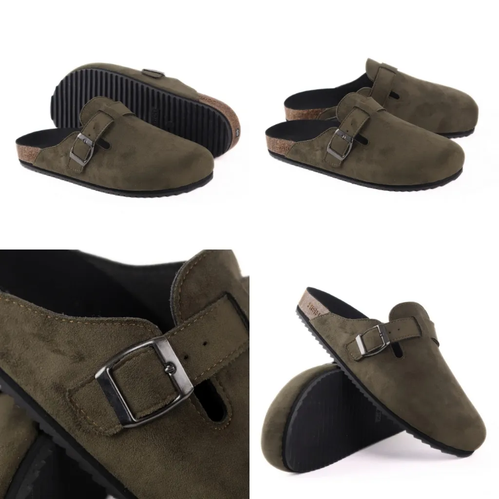Ảnh Dép đế trấu sục Boston nam nữ unisex quai ngang da lộn/da saffiano đi học công sở bigsize chính hãng Hishoo VNXK  R109 4