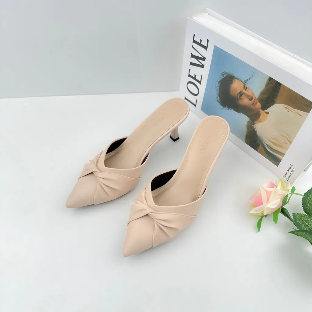 Ảnh Dép Guốc Nữ Cao Gót 7cm Mũi Nhọn Phối Nơ, Giày Sục Nữ 7 Phân Gót Nhọn Thời Trang NUDDO NS12 4