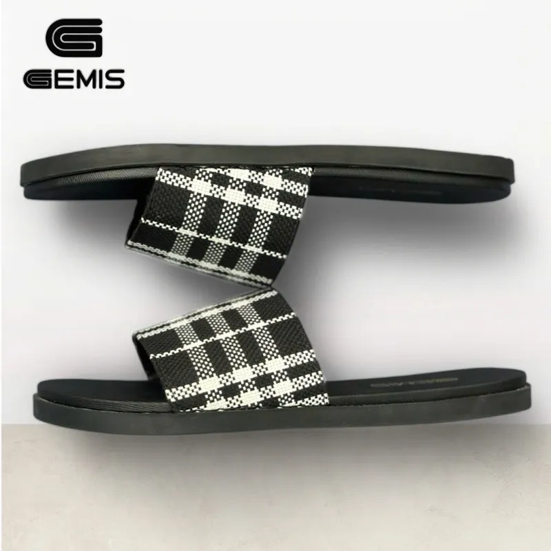 Ảnh Dép Lê Nam Quai Ngang BBR Bản Đẹp Màu Đen Kẻ Ô Trắng - Gemis - DéP, Nhung Cao Su Đế Bằng Slipper 2
