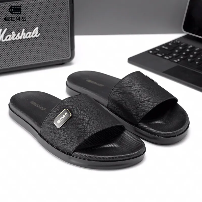 Ảnh DéP Nam GEMIS quai ngang dép da màu đen khâu quai cao 2.5cm Slipper Đế Bằng Cao Su 1