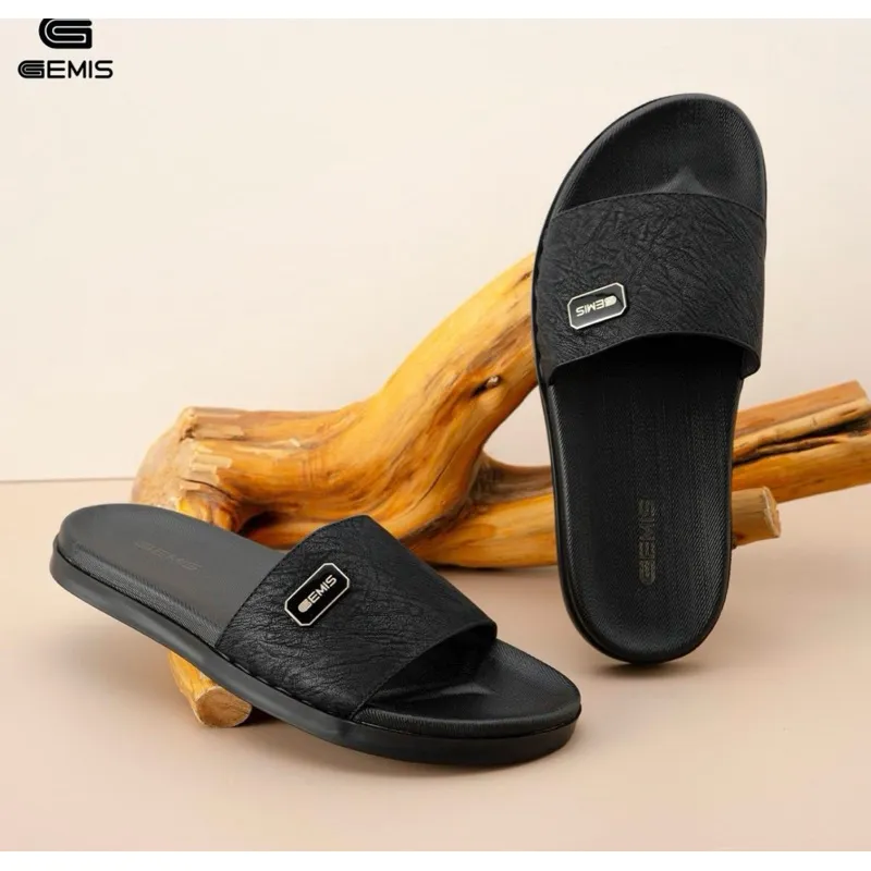 Ảnh DéP Nam GEMIS quai ngang dép da màu đen khâu quai cao 2.5cm Slipper Đế Bằng Cao Su 2