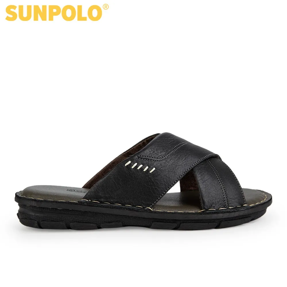 Ảnh Dép Nam Quai Chéo Da Bò SUNPOLO AQC026 Đen Có Big size 44 45 2