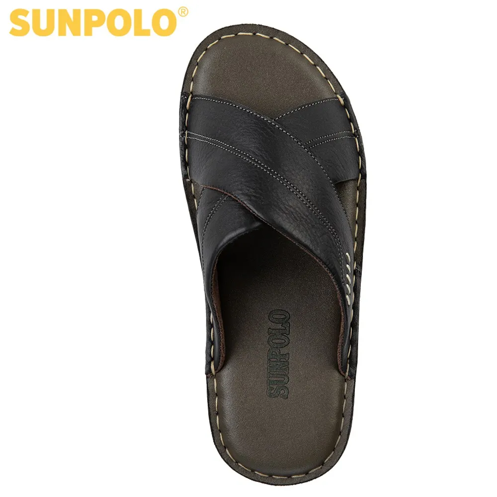 Ảnh Dép Nam Quai Chéo Da Bò SUNPOLO AQC026 Đen Có Big size 44 45 4