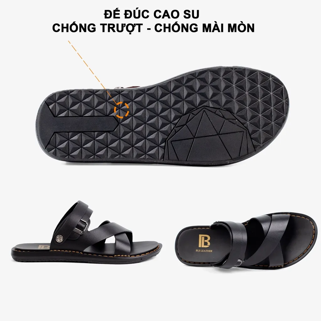 Ảnh Dép nam quai ngang da bò Nappa cao cấp Bụi Leather E102, đế đúc nguyên khối khâu viền thủ công đi êm chân, BH 12 Tháng 3
