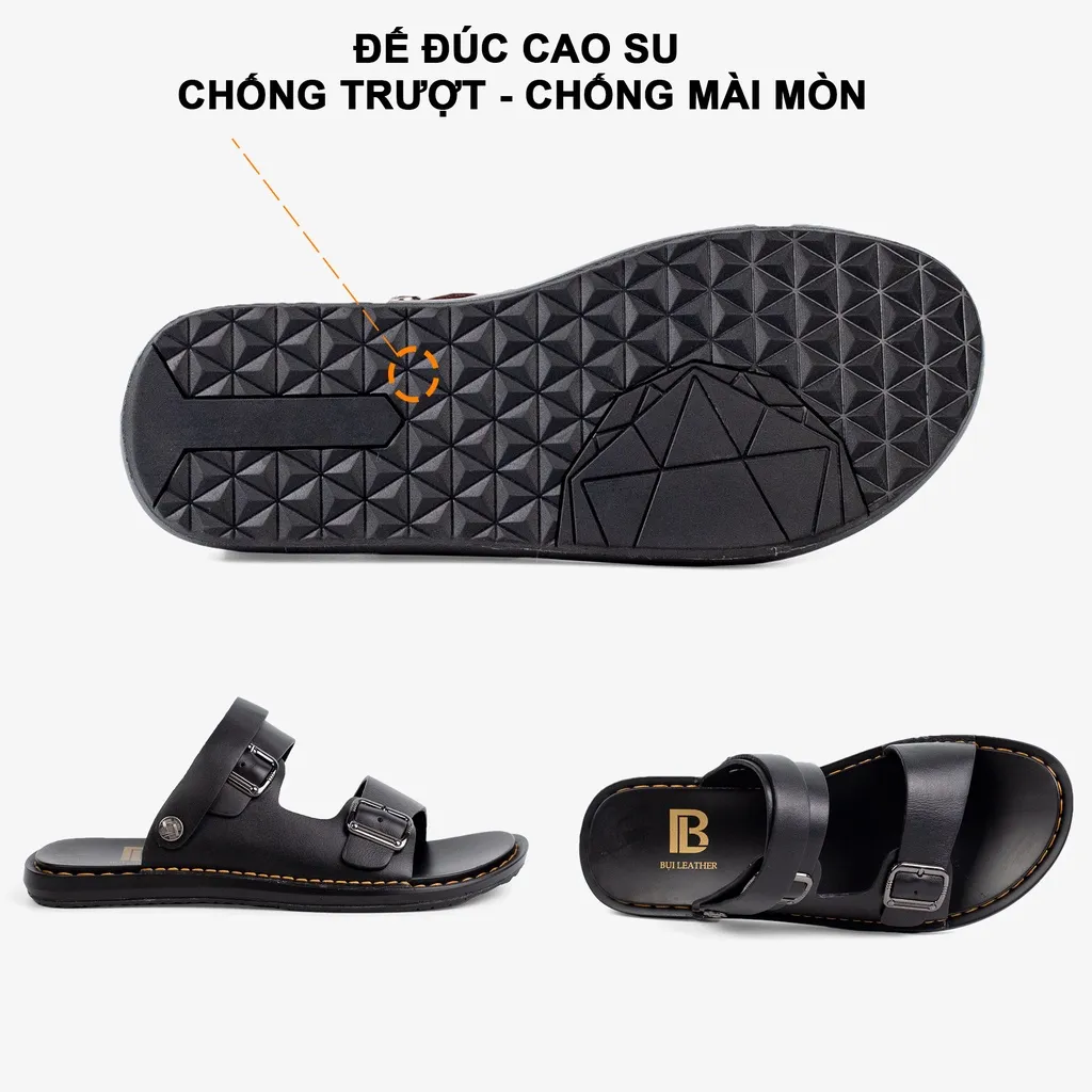 Ảnh Dép nam quai ngang da bò Nappa cao cấp Bụi Leather E101, đế đúc nguyên khối khâu viền thủ công 3