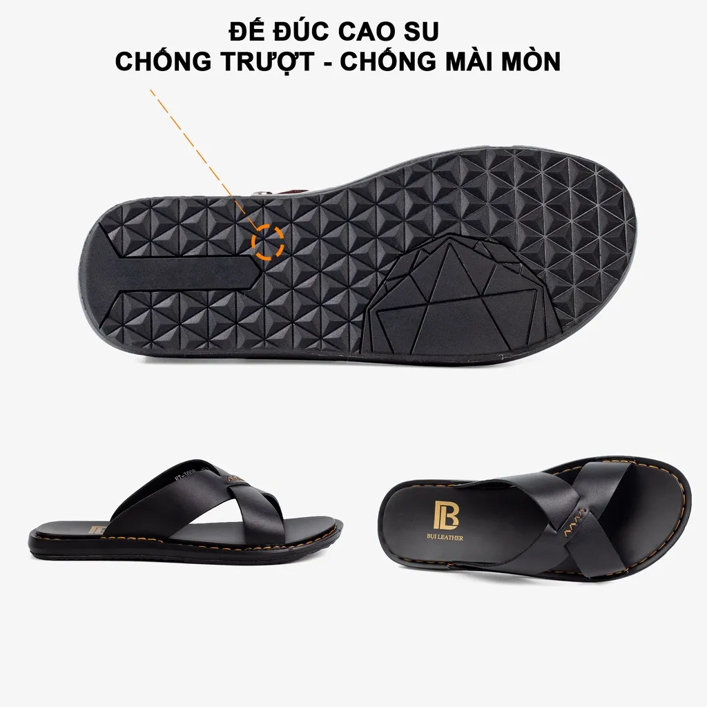 Ảnh Dép nam quai ngang da bò Nappa cao cấp Bụi Leather E103, đế đúc nguyên khối khâu viền thủ công đi êm chân, BH 12 Tháng 3