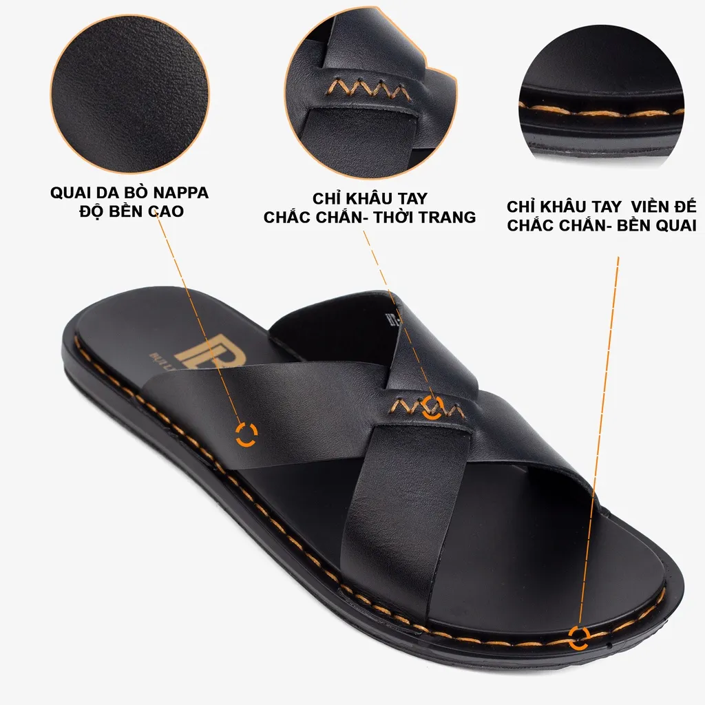 Ảnh Dép nam quai ngang da bò Nappa cao cấp Bụi Leather E103, đế đúc nguyên khối khâu viền thủ công đi êm chân, BH 12 Tháng 4