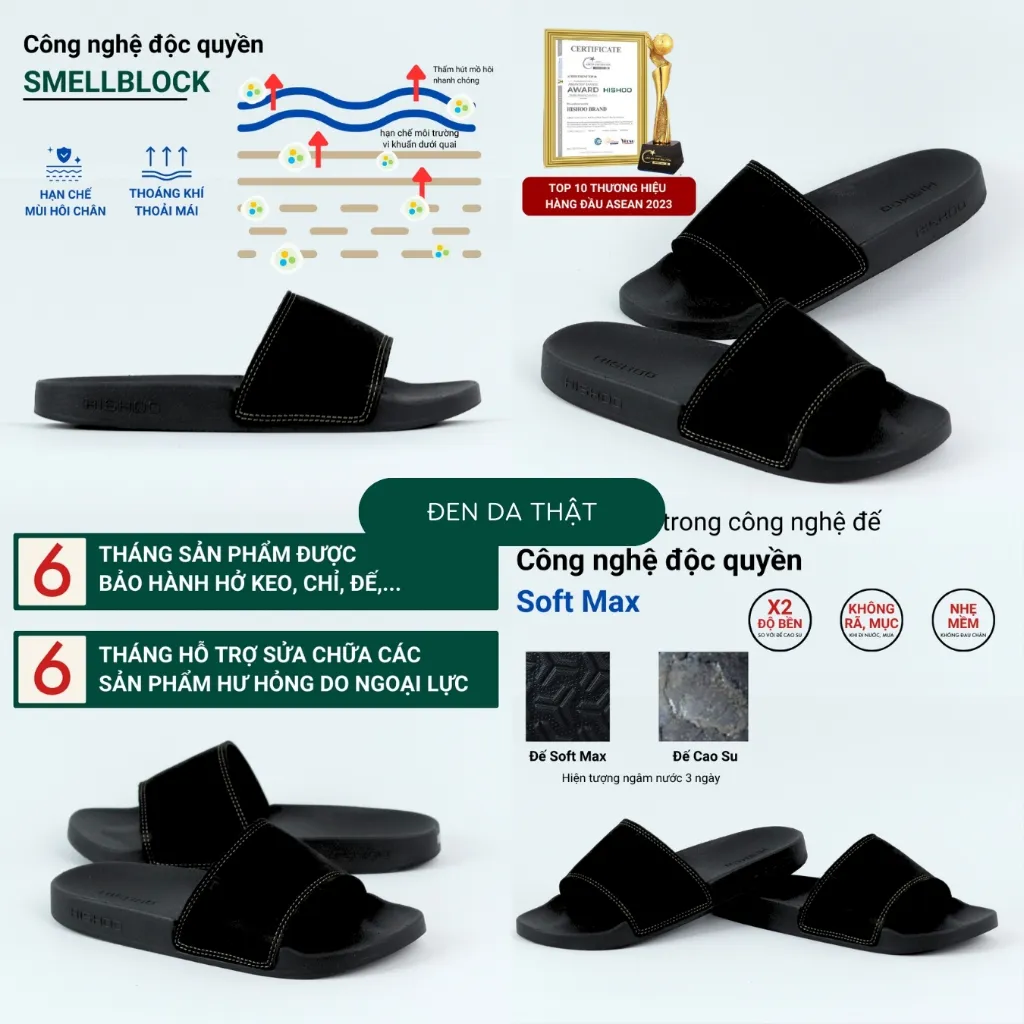 Ảnh Dép quai ngang slipper BIG SIZE da bò siêu nhẹ HISHOO đen cao cấp thời trang size 35-46 U088 3
