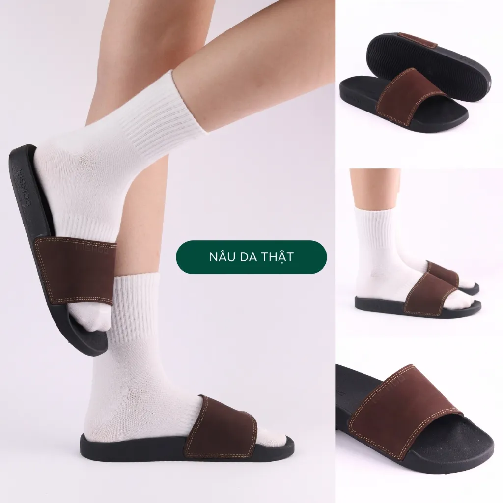 Ảnh Dép quai ngang slipper BIG SIZE da bò siêu nhẹ HISHOO đen cao cấp thời trang size 35-46 U088 4