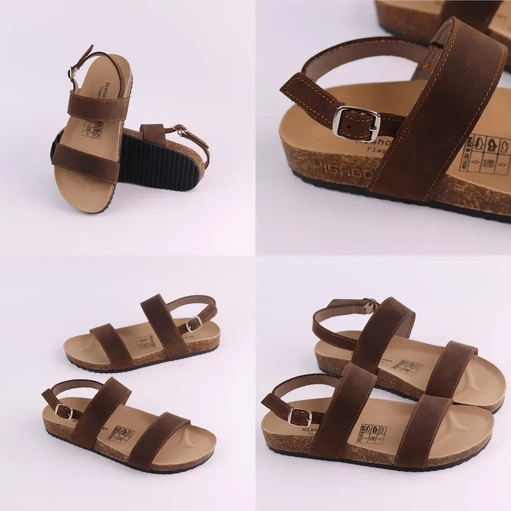 Ảnh Dép sandal đế trấu birken nam nữ unisex quai ngang da bò size 36-45 chính hãng Hishoo M050 2