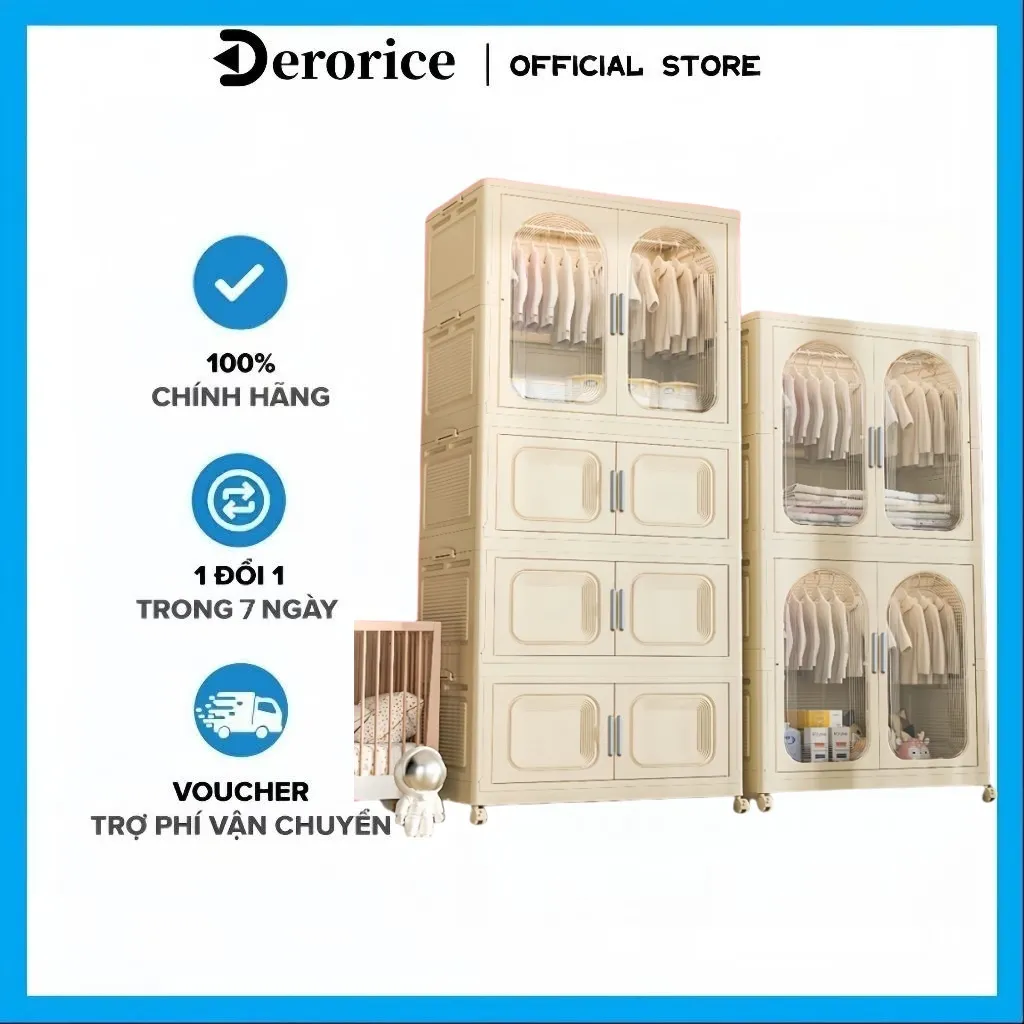 Ảnh Derorice tủ quần áo trẻ em Tủ nhựa gấp phong cách kem Pháp Chất liệu PP không có mùi an toàn hơn khi sử dụng 1